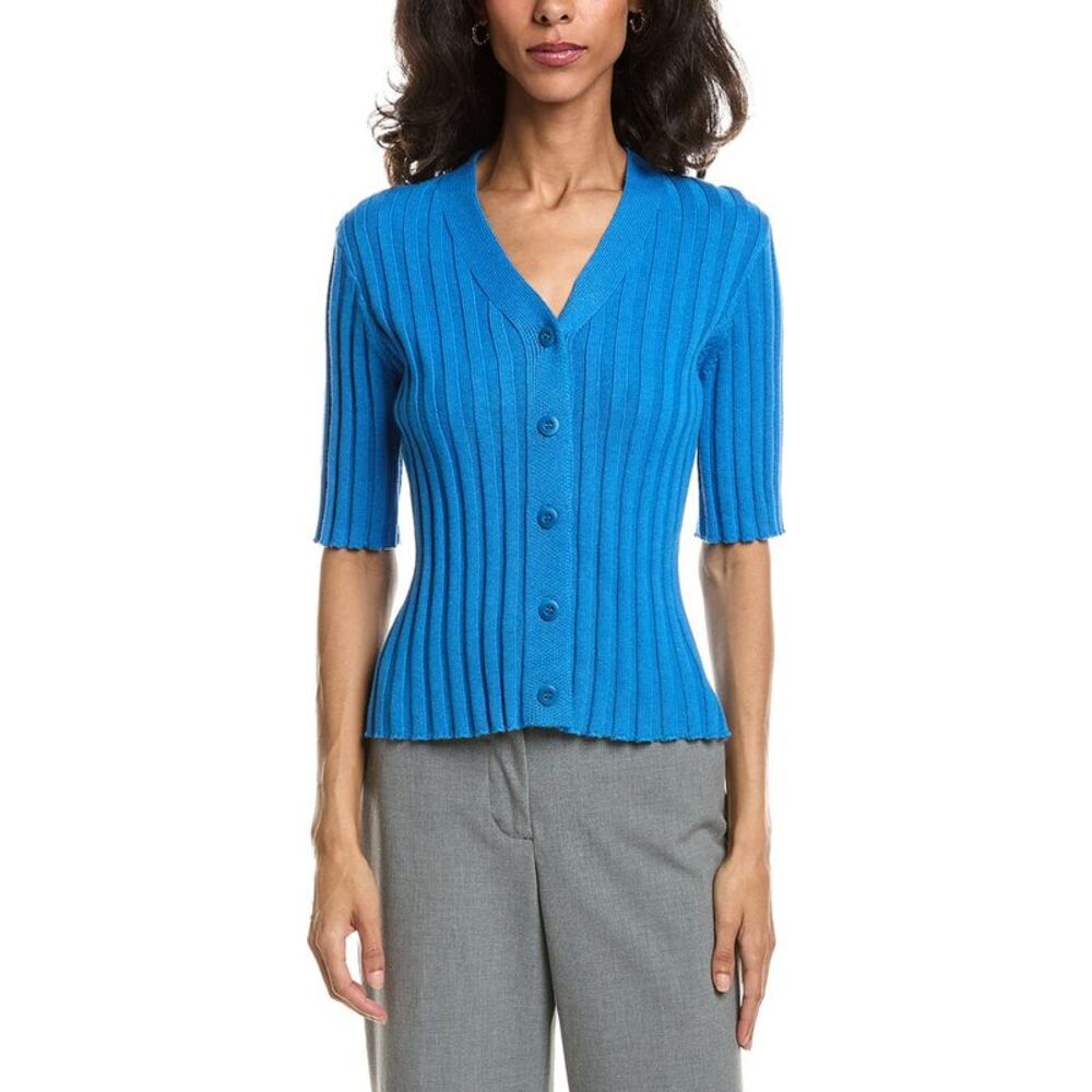 Forte Womens  Elbow Sleeve Rib Cardigan, Blue
